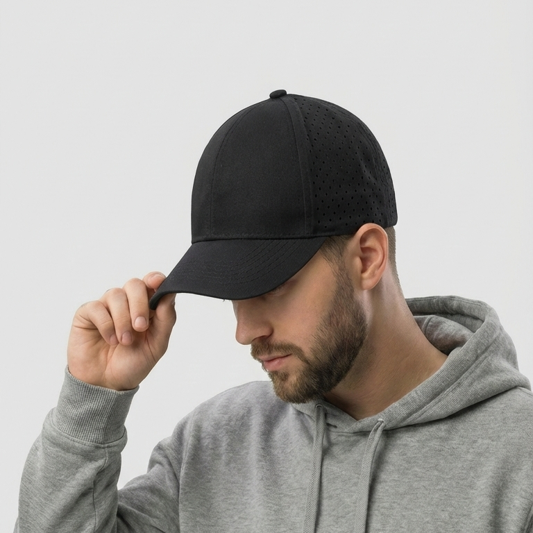 Man wearing a black cap and gray hoodie against a light gray background