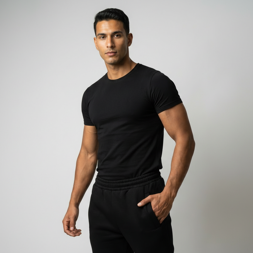 Man wearing a black t-shirt and black pants against a gray background