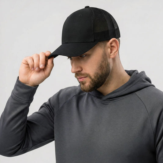 Man wearing a black cap and gray hoodie against a light gray background