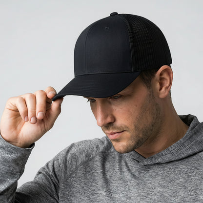 Man wearing a black cap and gray hoodie against a light gray background
