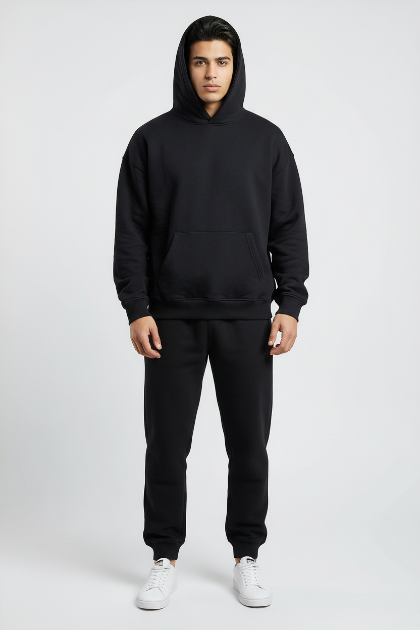 Person wearing a white hoodie and pants on a light gray background