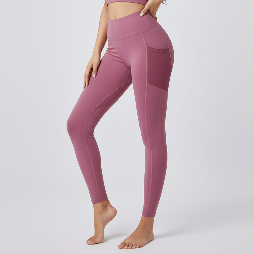 Woman wearing a pink athletic outfit on a white background