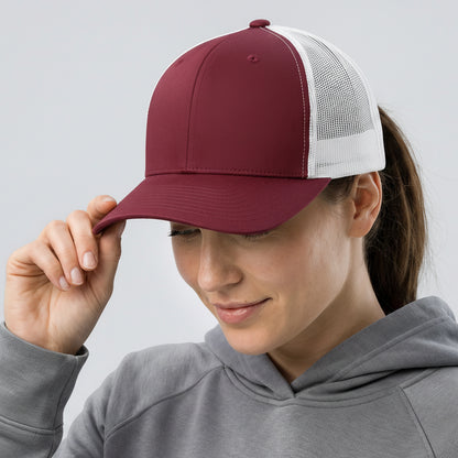 Person wearing a maroon and white cap with a visible brand logo on a light gray background