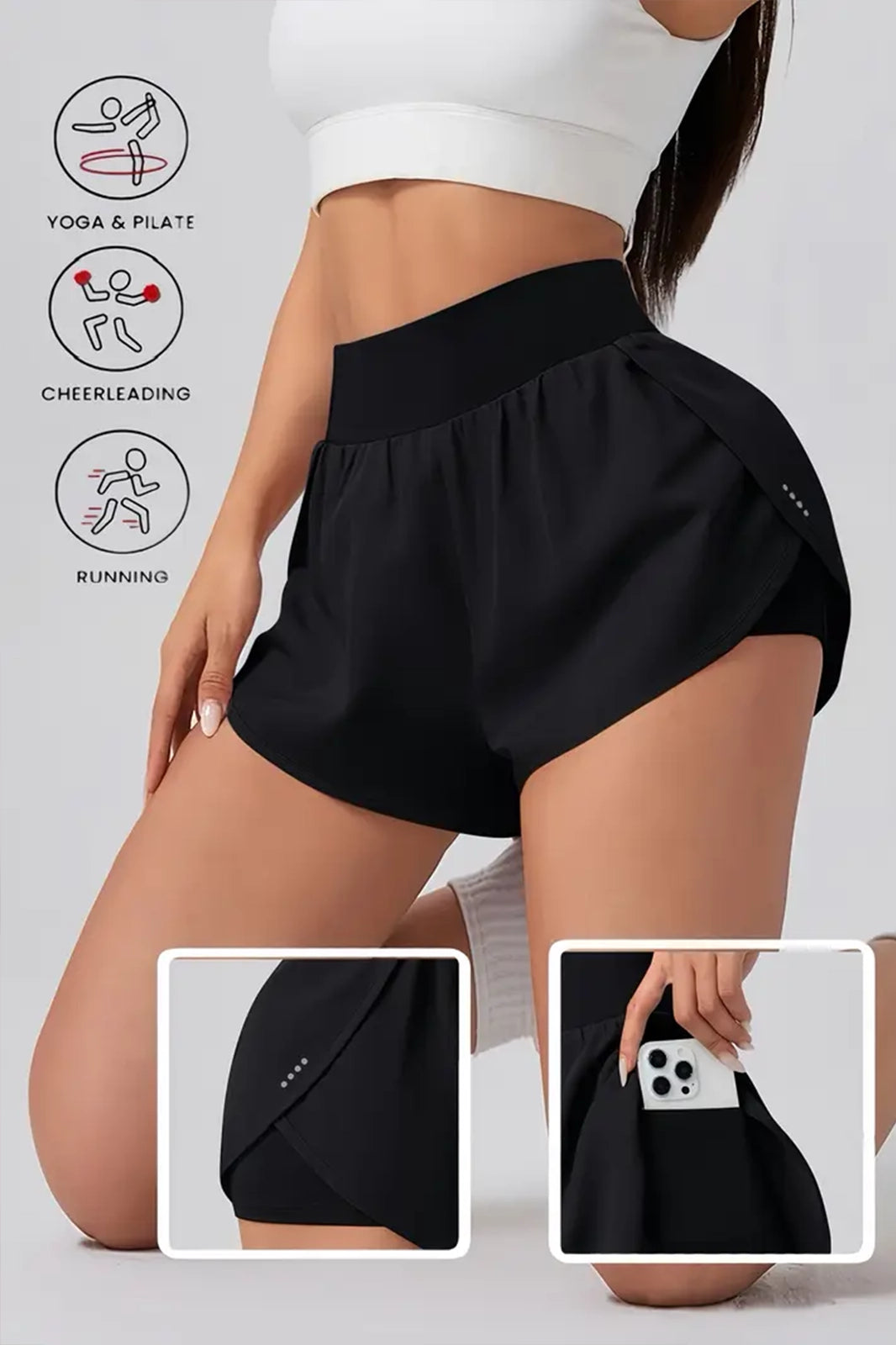 Short sport femme taille haute – Extensible, opaque, avec poches