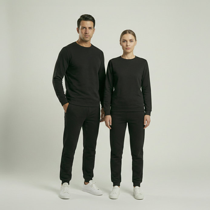 Two people wearing matching black outfits with white shoes on a plain background