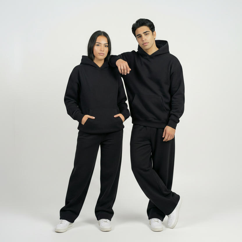 Two people wearing matching black hoodies and pants on a white background