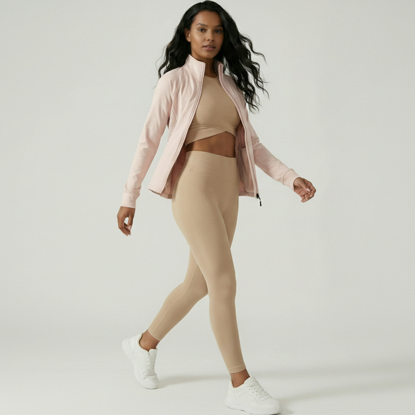 Woman wearing a pink jacket and beige leggings on a white background