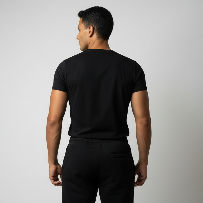 Man wearing a black t-shirt and pants on a light gray background