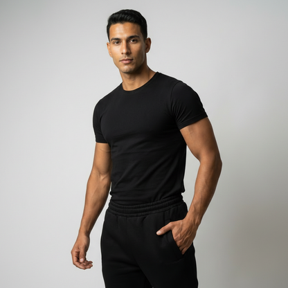 Man wearing a black t-shirt and black pants against a gray background