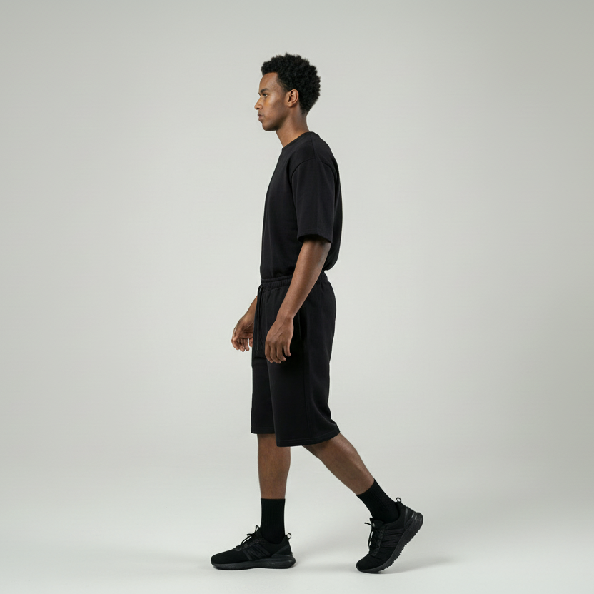 Man wearing a black t-shirt and black shorts on a light gray background