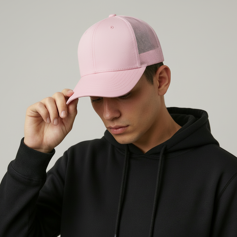 Person wearing a black hoodie and pink cap against a gray background