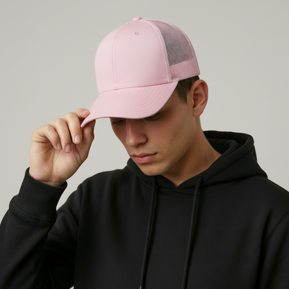 Person wearing a black hoodie and pink cap against a gray background