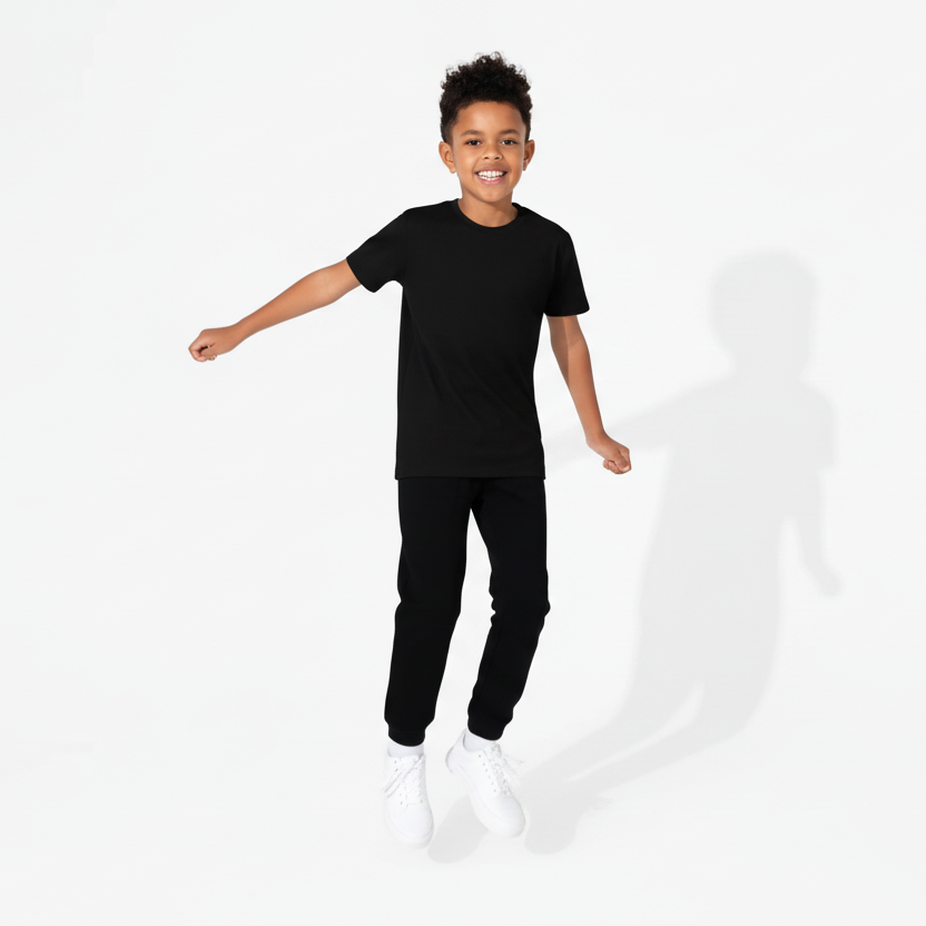 Child wearing a black outfit on a white background