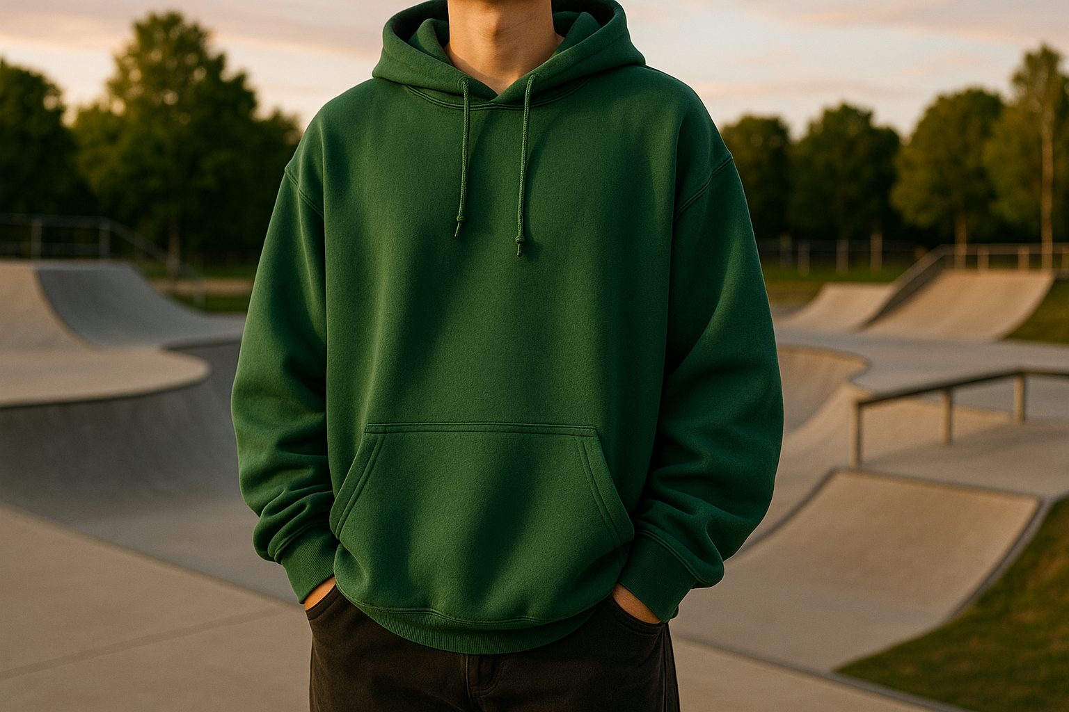 oversized hoodie green with skate park background  